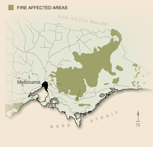 Areas affected by fire in the Black Friday bushfires