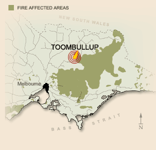 Areas affected by fire in the Black Friday bushfires