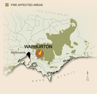 Areas affected by fire in the Black Friday bushfires
