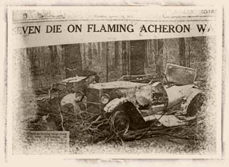 Picture of the burnt car belonging to the Kerslake family, that died on the Acheron Way